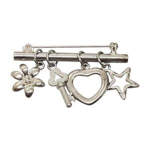 Vtg Silver Tone Charm Brooch Pin Flower Rhinestone Key Heart Star Dangle Costume